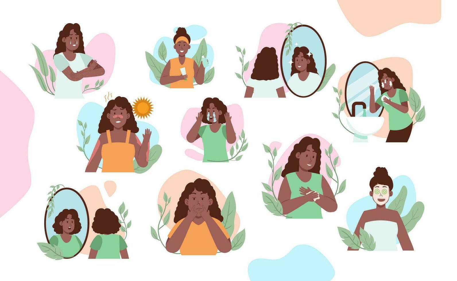 negro mujer piel problema condición y protección de la piel rutina para sano dermatología ilustración conjunto con decoración de hojas vector