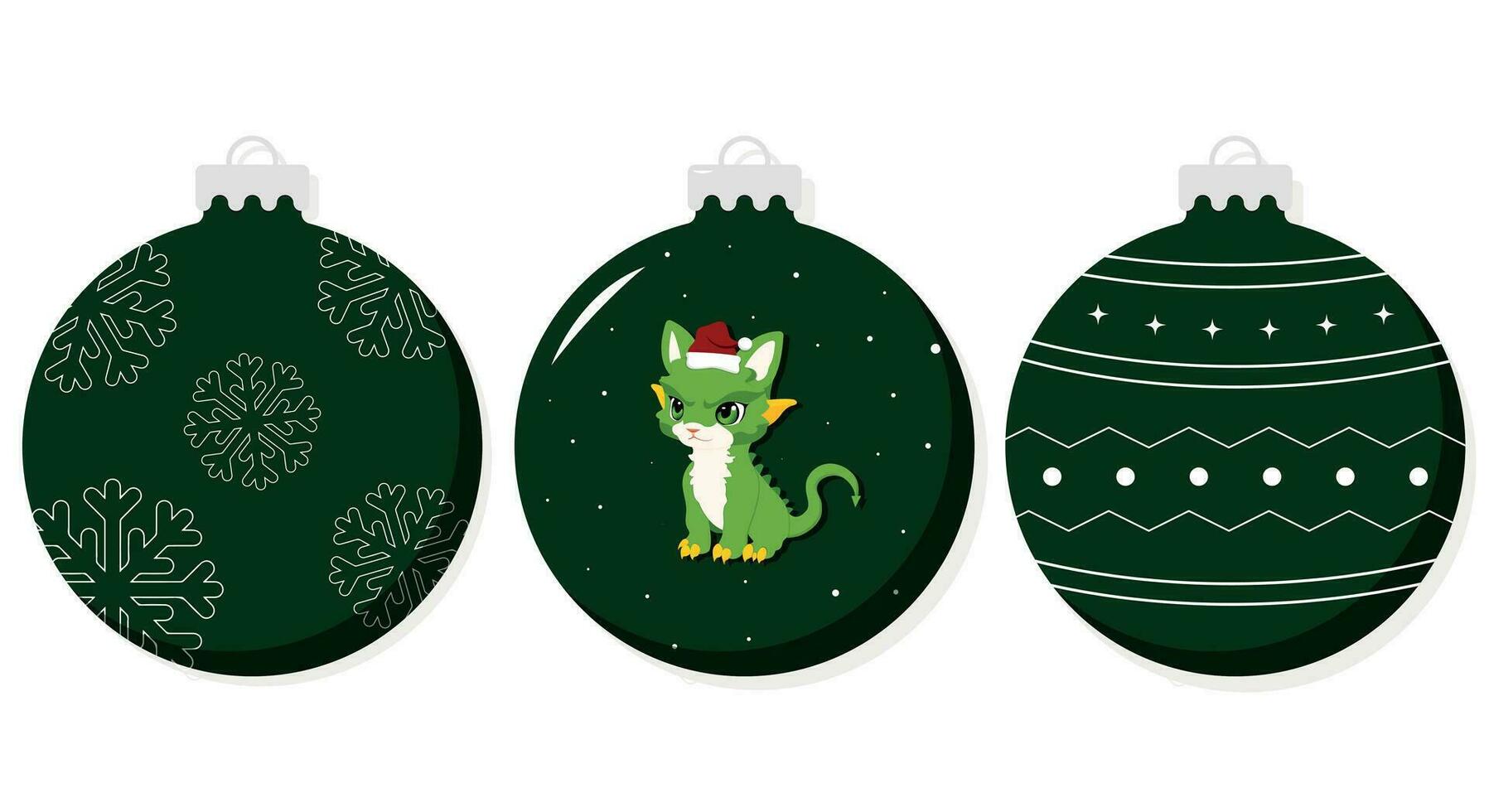 Christmas tree decorations. Christmas balls with a green dragon. A set of New Year's balls. Vector illustration
