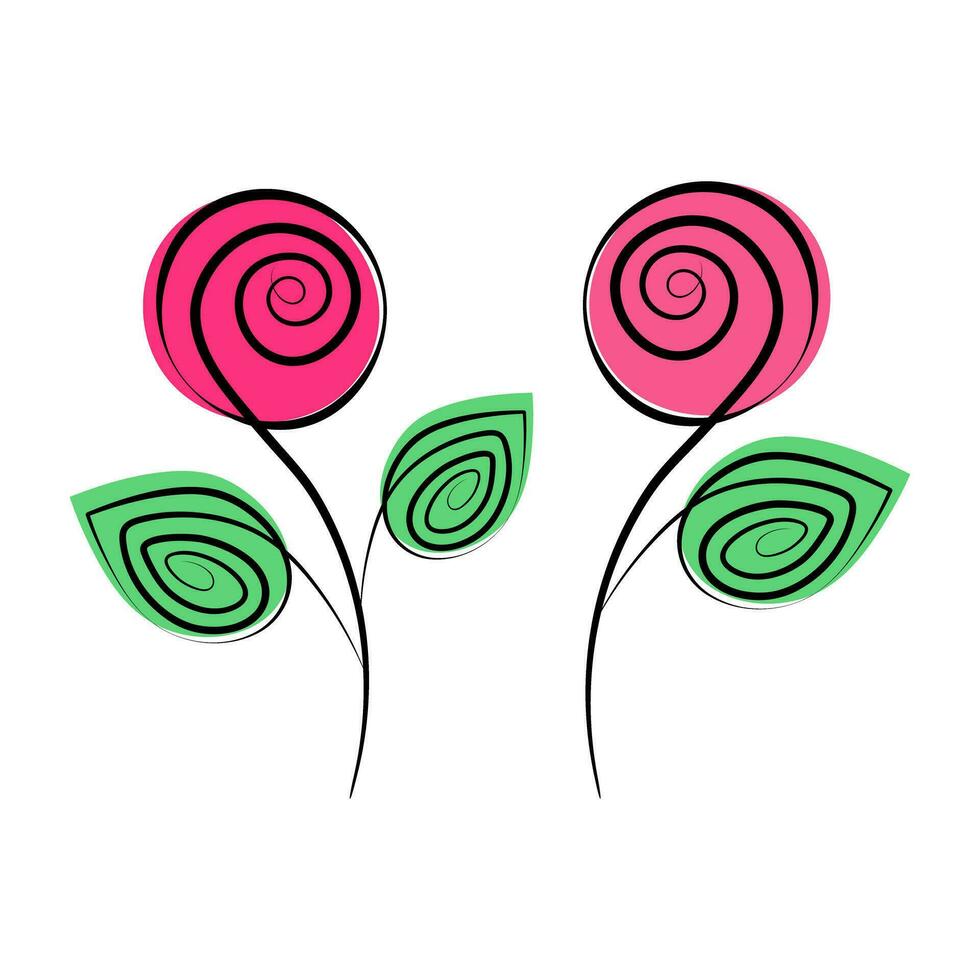 Set of 2 abstract stylized ornamental roses in trendy marker shades. Line Art concept for greetings vector
