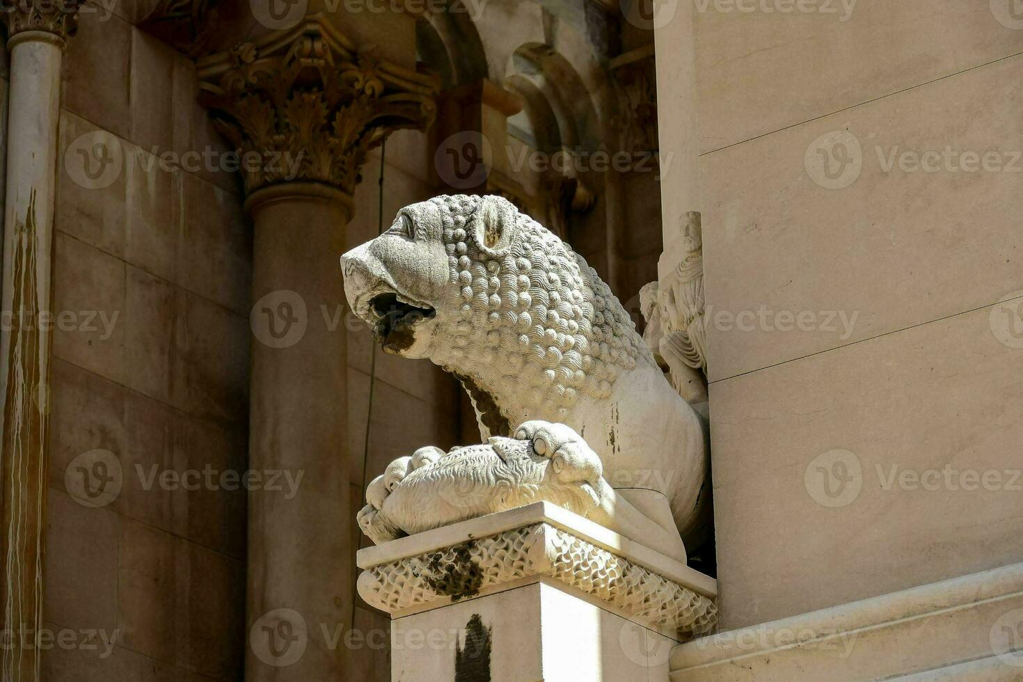 a lion statue on the side of a building photo