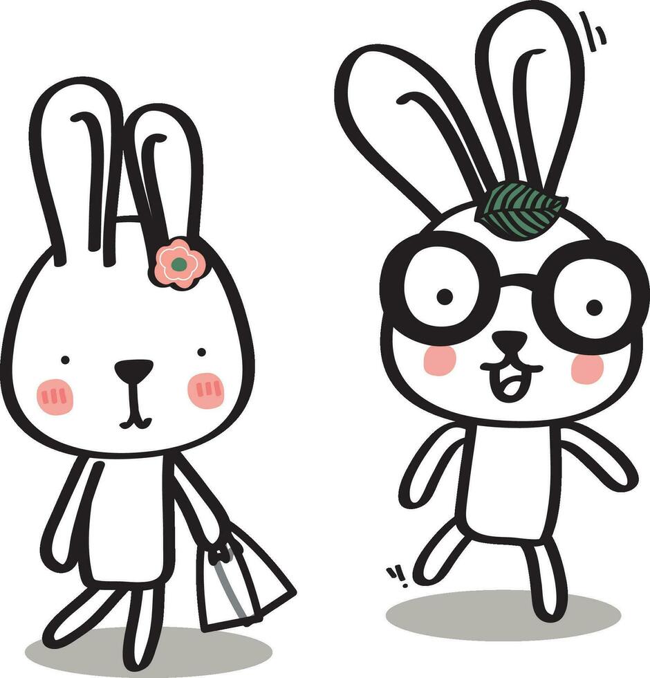 Set of sweet and cute white bunny rabbits boy and girl. Rabbit cartoon vector collection.