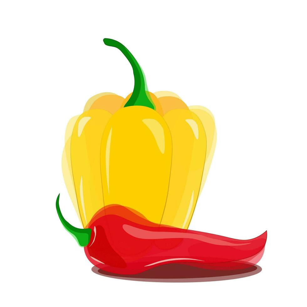 Yellow bell pepper with green tail and lying next to red hot chili pepper with green tail in watercolor style with highlights and shadows. Vector illustration of vegetables for salad. EPS10