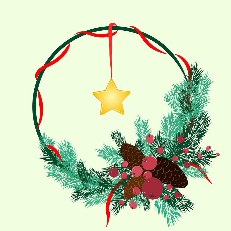 Christmas wreath of fir branches with red ribbon around, hanging yellow star, red rowan berries and fir cones on background. Vector