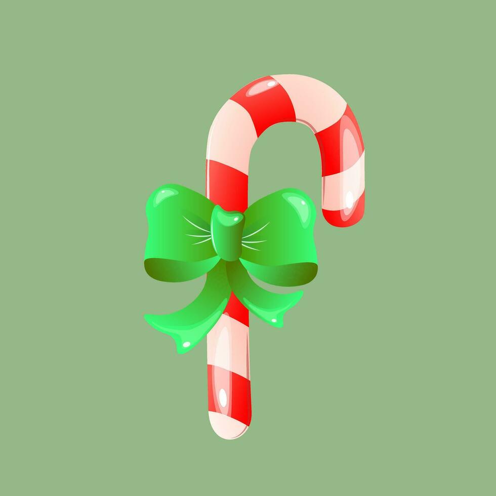 Christmas lollipop with red stripes and big green bow with shadows and highlights. Vector