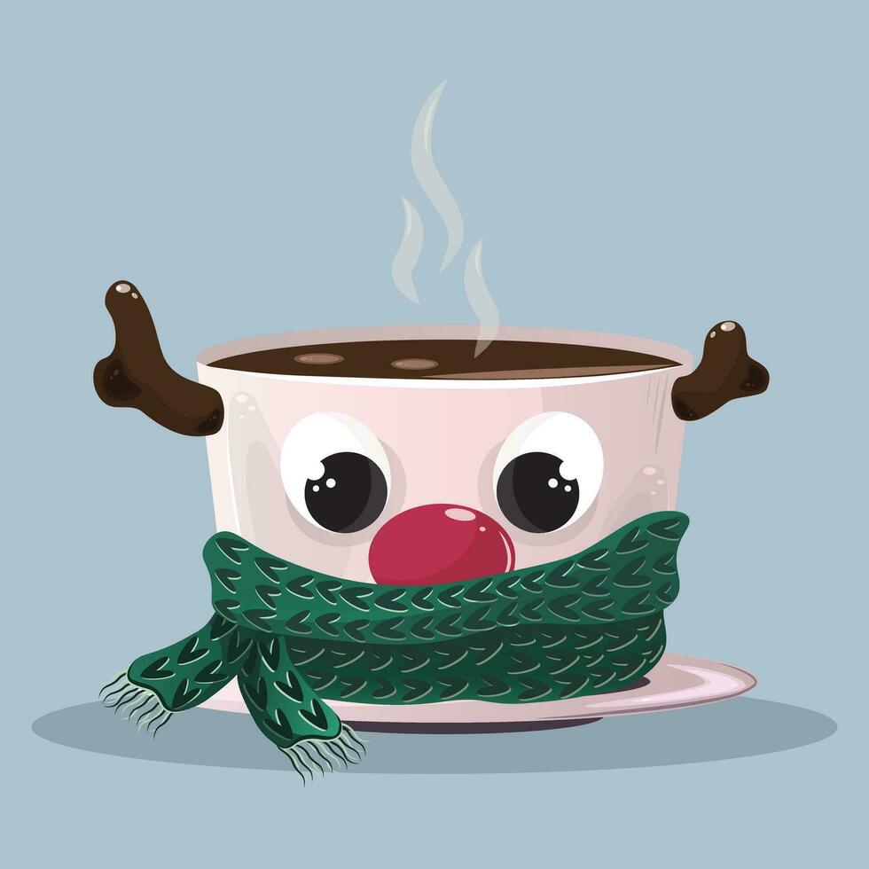 Christmas pink mug with horned reindeer and hot tea with knitted green scarf and steam. Vector