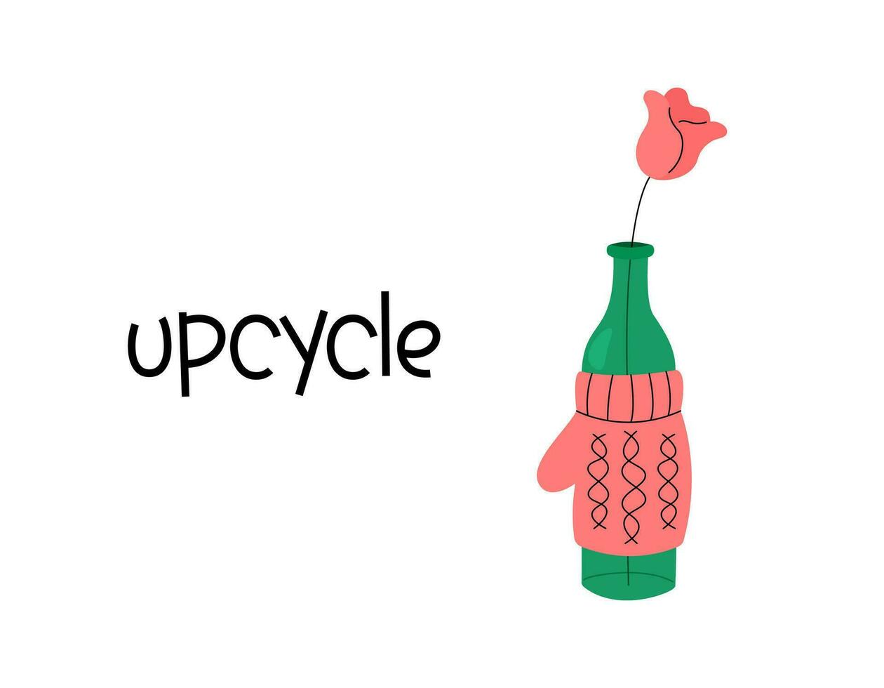 Upcycling concept vector illustration. Cute flower rose in bottle covered by mitten. Reuse things. Sustainable living