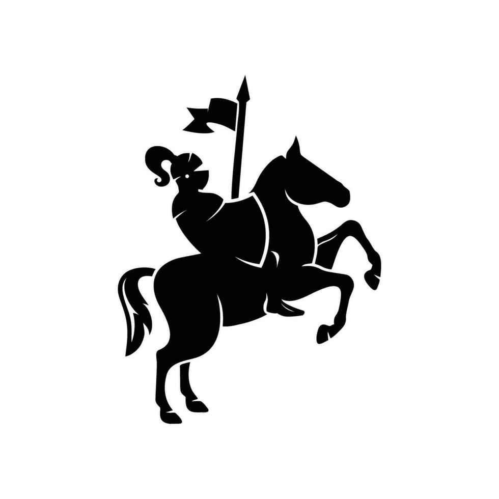 Black silhouette of a Knight riding a horse carrying a spear, and shield. Medieval armored warrior with symbol on horseback. Vector illustration