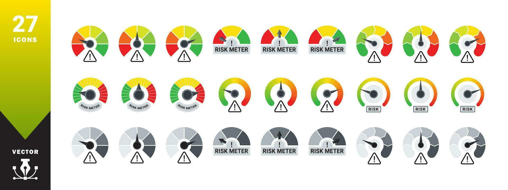 Measuring scale icons. Risk meter icons. Speedometer scale. Vector scalable graphics