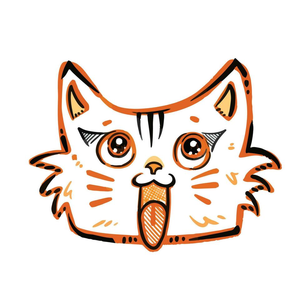 Orange and black dominated colored cat face doodle with sparkly eyes vector illustration sketch isolated on square white background. Simple flat cartoon art styled drawing outline.
