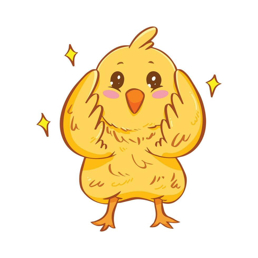 Cute yellow baby chicken with sparkly eyes and happy shocked gesture vector illustration outlined isolated on square white background. Simple flat cartoon art styled animal drawing.