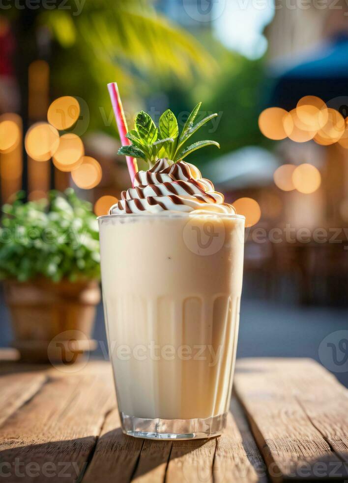 Photo of the milkshake in the street cafe ai generated