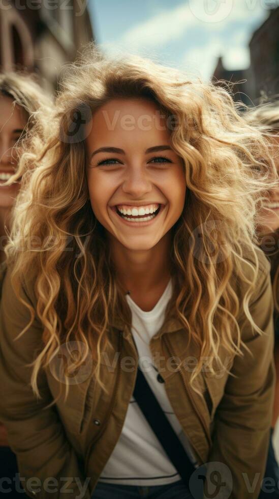 ai generado hermosa joven mujer en Gafas de sol y blanco camiseta con brillante disco pelotas, vertical Clásico disparo. foto