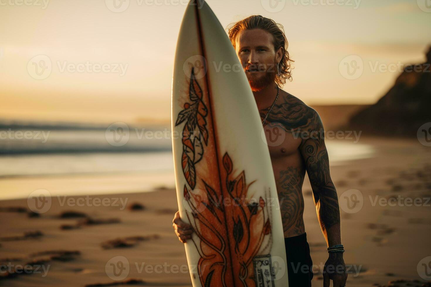 AI generated Beautiful male surfer with surfboard on the sandy beach. Water sports. Healthy Active Lifestyle. Surfing. Extreme Sport. photo