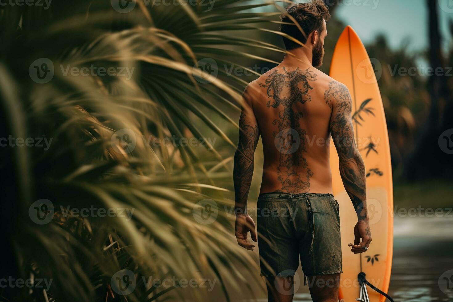 AI generated Beautiful male surfer with surfboard on the sandy beach. Water sports. Healthy Active Lifestyle. Surfing. Extreme Sport. photo