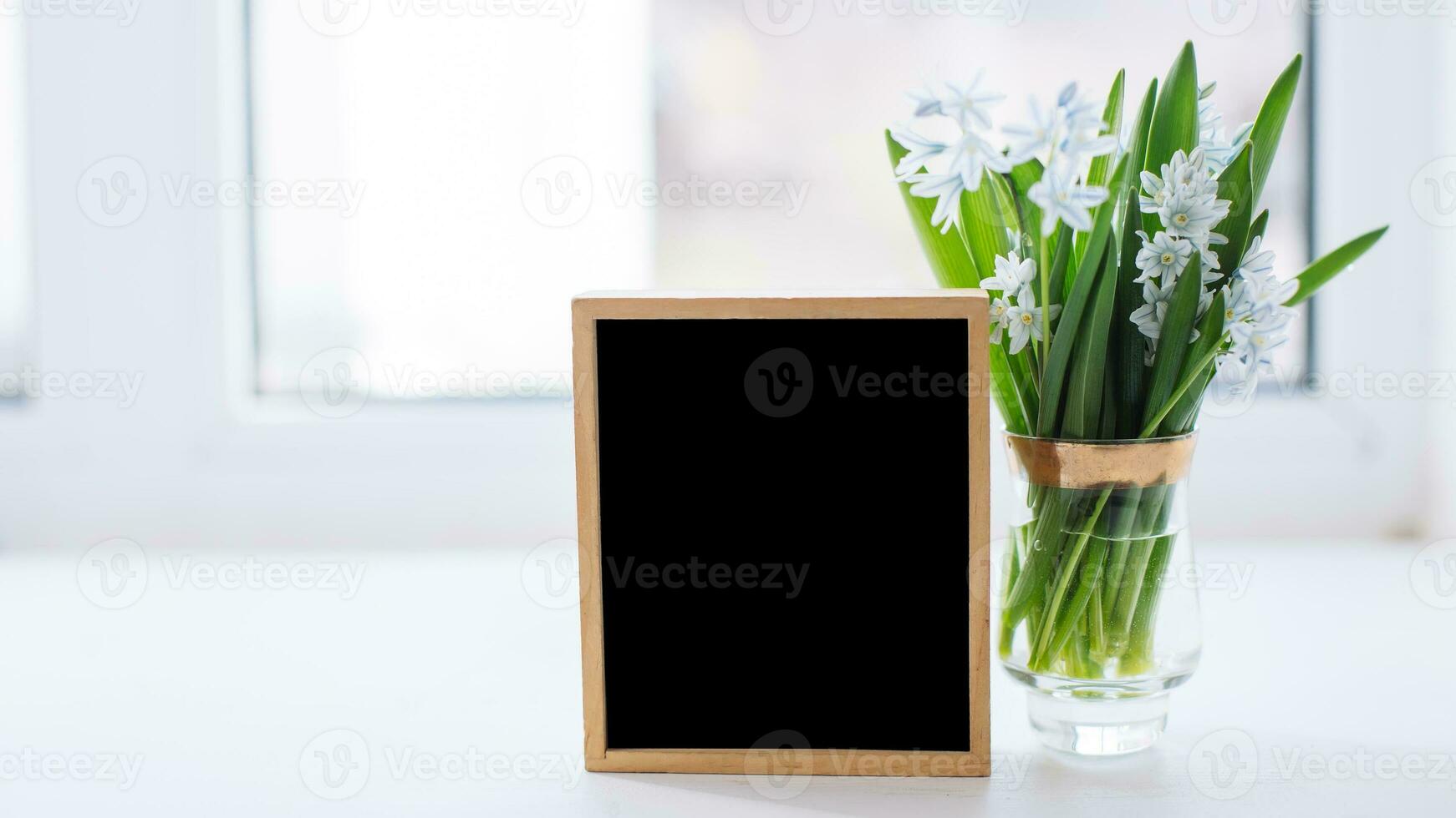 Bouquet Fresh blue spring flowers Scilla siberica in transparent glass on windowsill on background of window. wooden empty frame with white background. Copy space photo