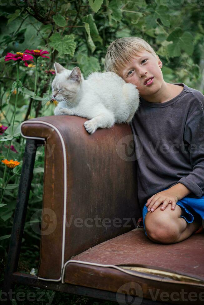 boy put head on back of cat. Friendship between child and pet. Animal care. photo