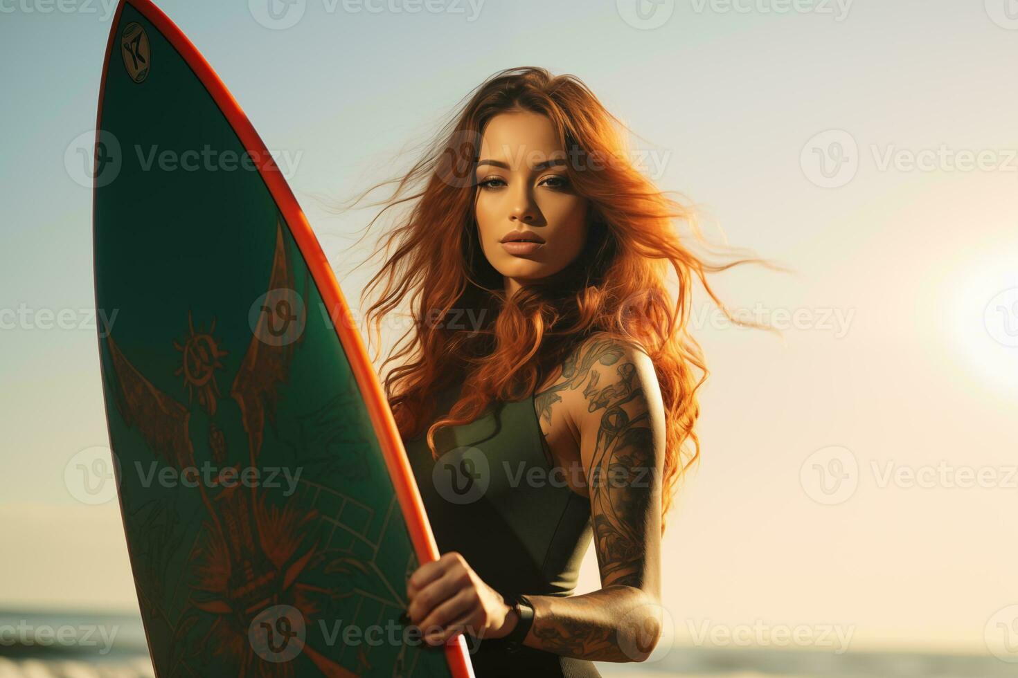 AI generated Beautiful surfer girl with surfboard on the sandy beach. Female surfer, Water sports. Healthy Active Lifestyle. Surfing. Extreme Sport. photo