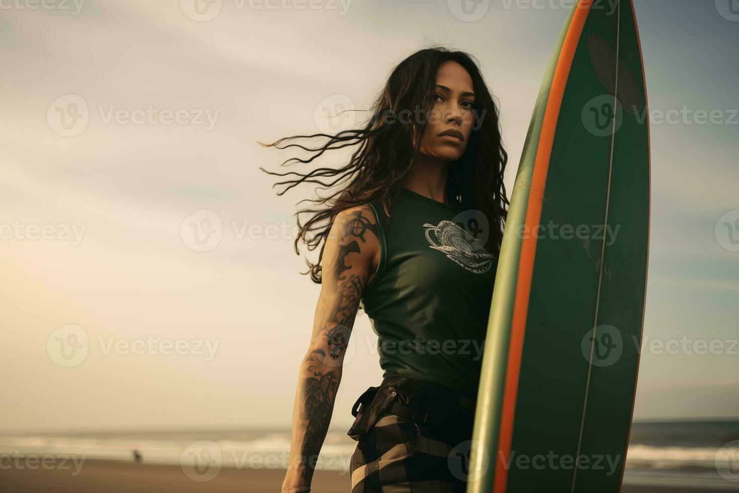 AI generated Beautiful surfer girl with surfboard on the sandy beach. Female surfer, Water sports. Healthy Active Lifestyle. Surfing. Extreme Sport. photo