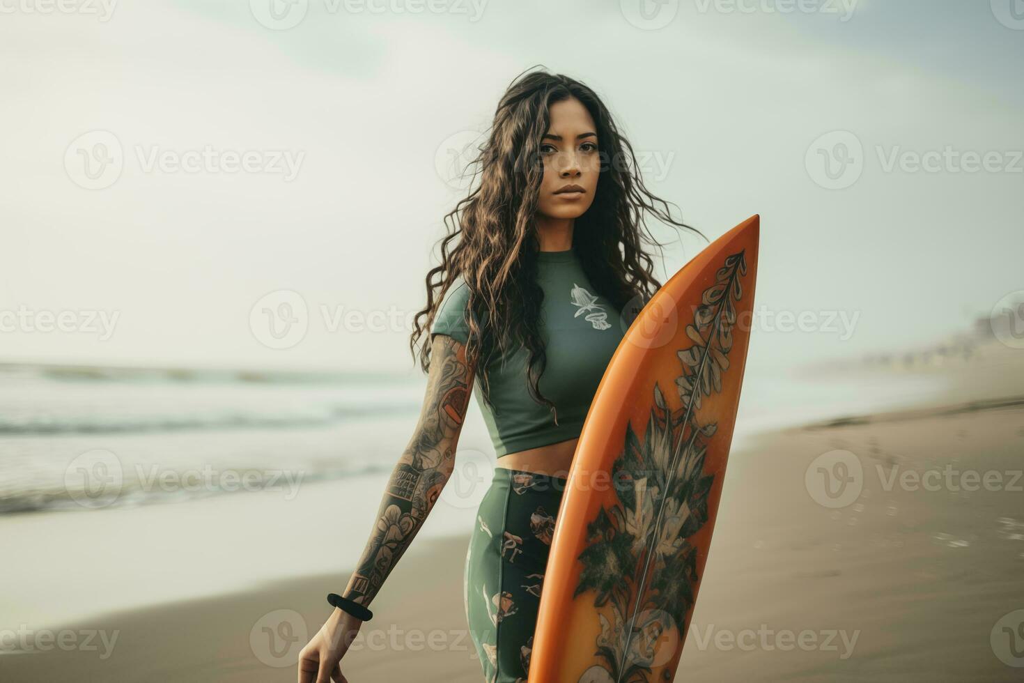 AI generated Beautiful surfer girl with surfboard on the sandy beach. Female surfer, Water sports. Healthy Active Lifestyle. Surfing. Extreme Sport. photo