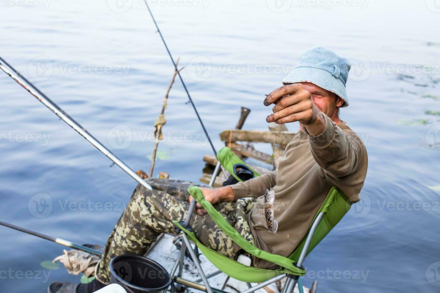 Little Girl Holding Fishing Rod with Fish on Hook. Stock Vector