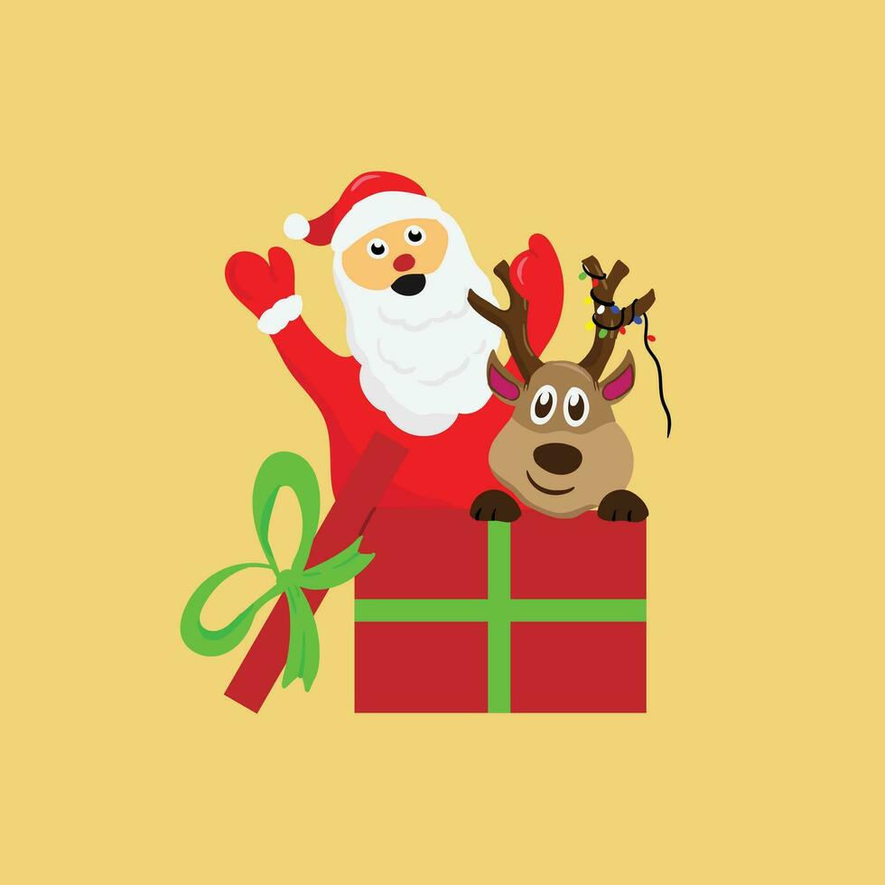 Santa and cute reindeer in a gift box, merry christmas, editable vector