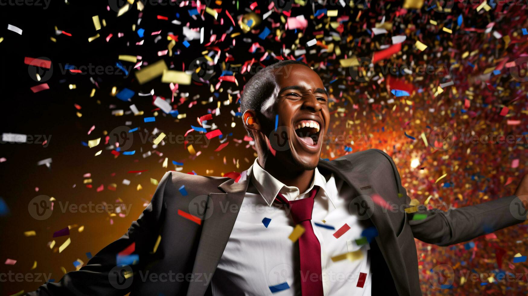 AI generated Model laughing, celebrating birthday, event, football, achievement, new years, in an explosion of confetti photo