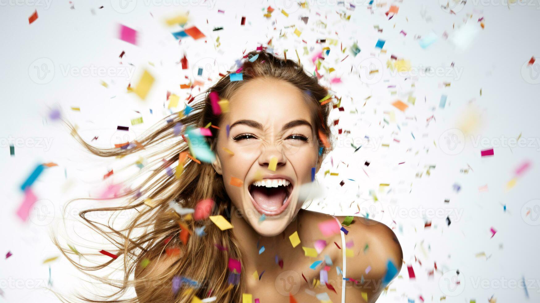 AI generated Model laughing, celebrating birthday, event, football, achievement, new years, in an explosion of confetti photo