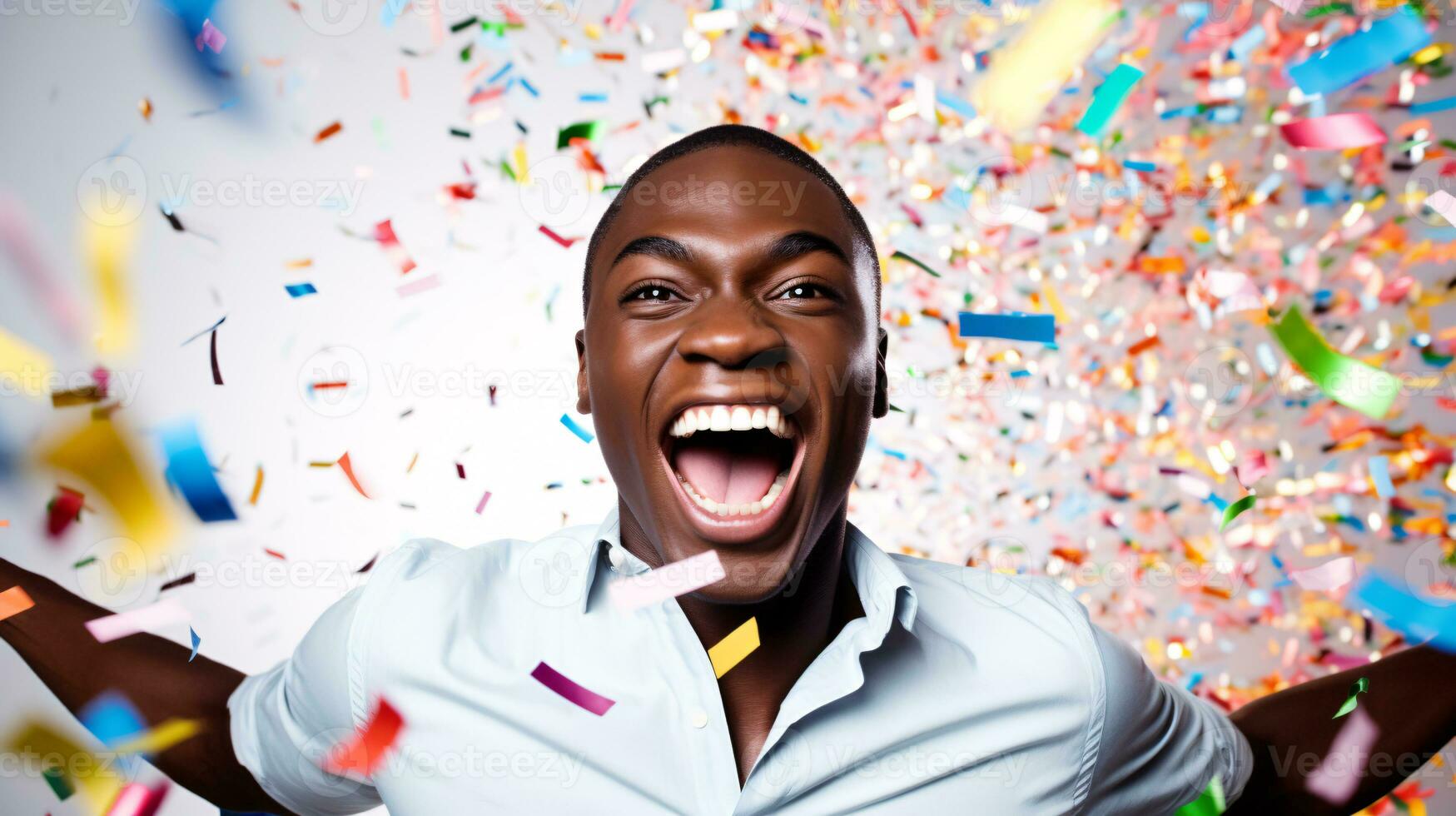 AI generated Model laughing, celebrating birthday, event, football, achievement, new years, in an explosion of confetti photo
