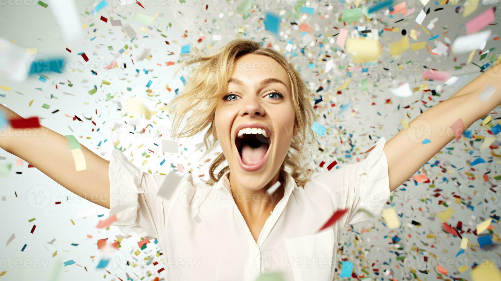 AI generated Model laughing, celebrating birthday, event, football, achievement, new years, in an explosion of confetti photo