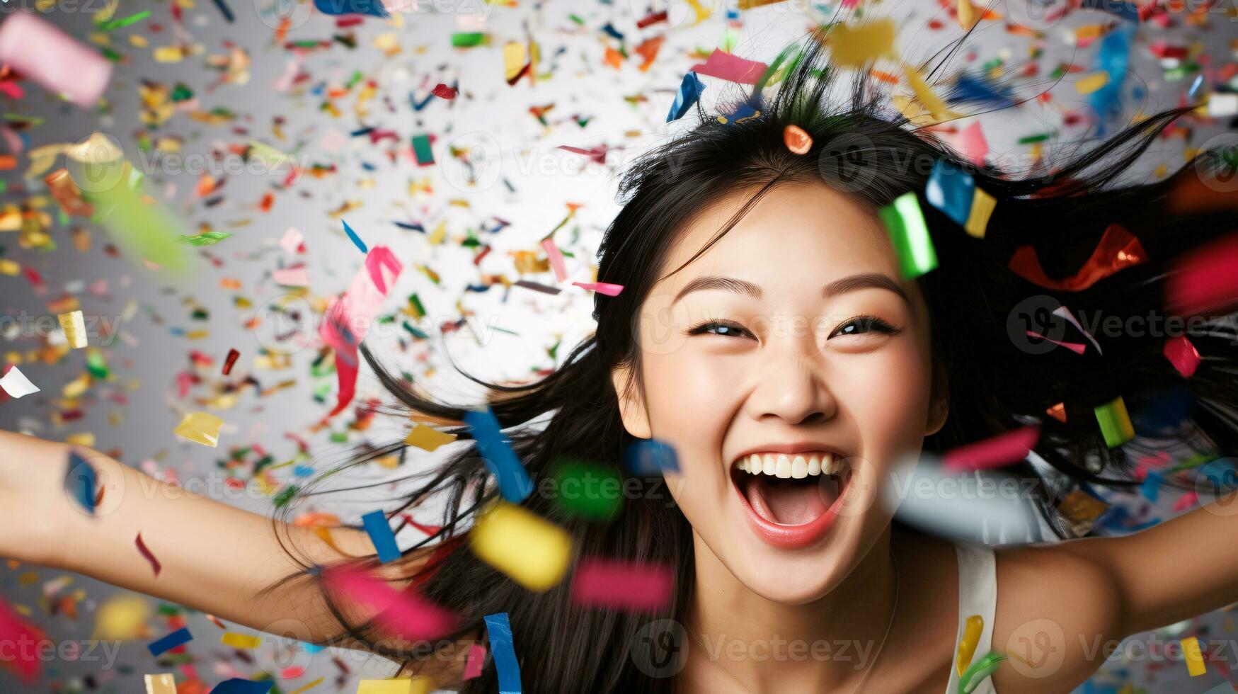 AI generated Model laughing, celebrating birthday, event, football, achievement, new years, in an explosion of confetti photo