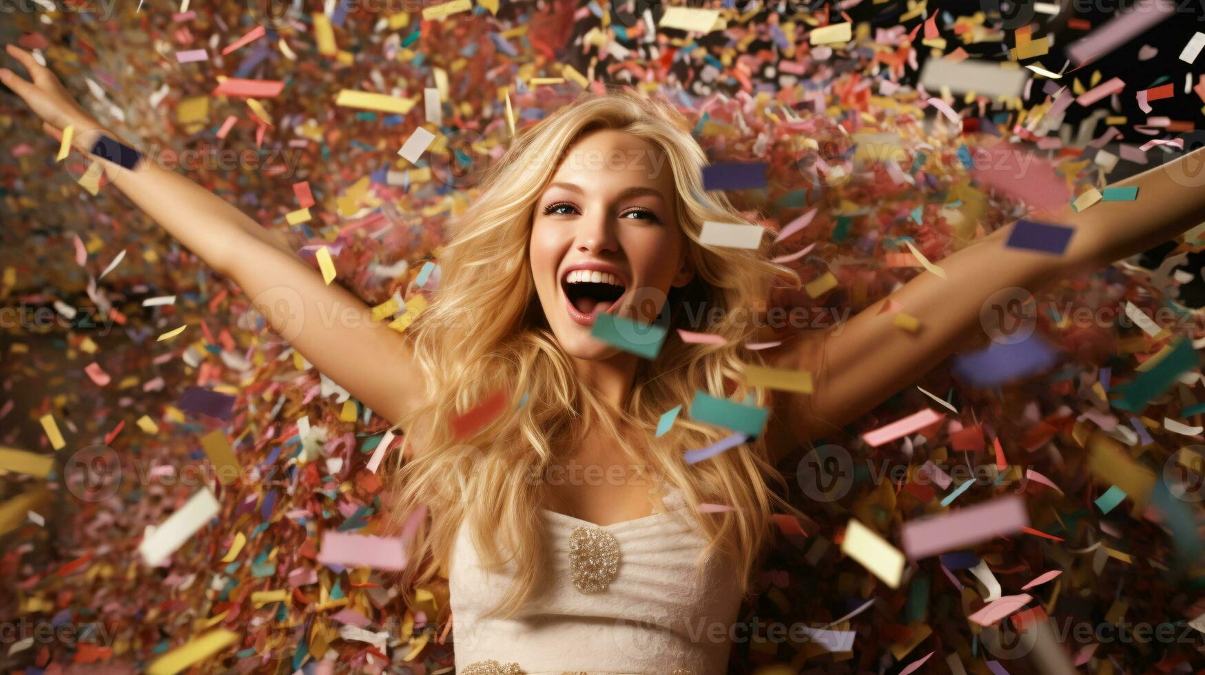 AI generated Model laughing, celebrating birthday, event, football, achievement, new years, in an explosion of confetti photo