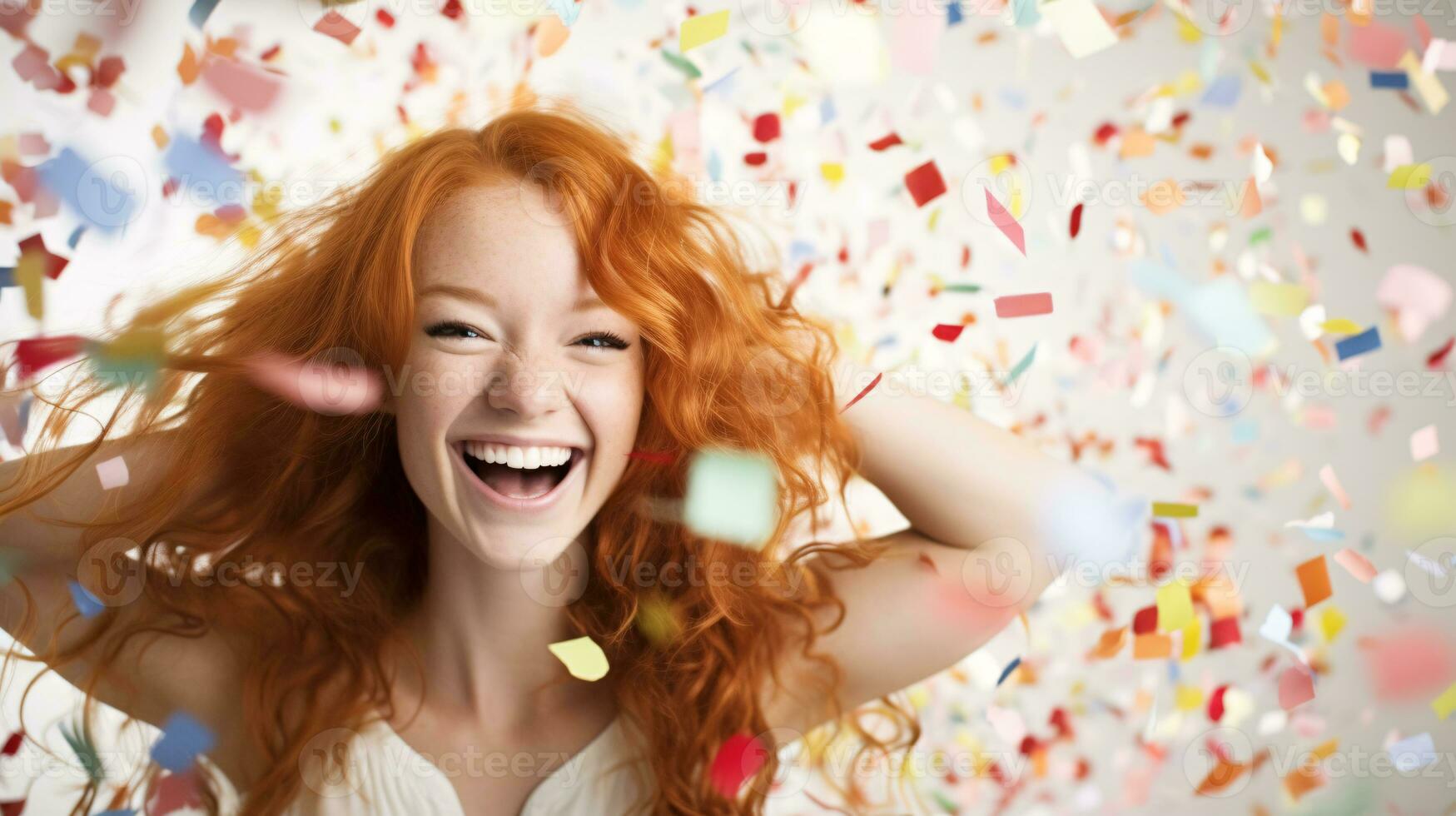 AI generated Model laughing, celebrating birthday, event, football, achievement, new years, in an explosion of confetti photo