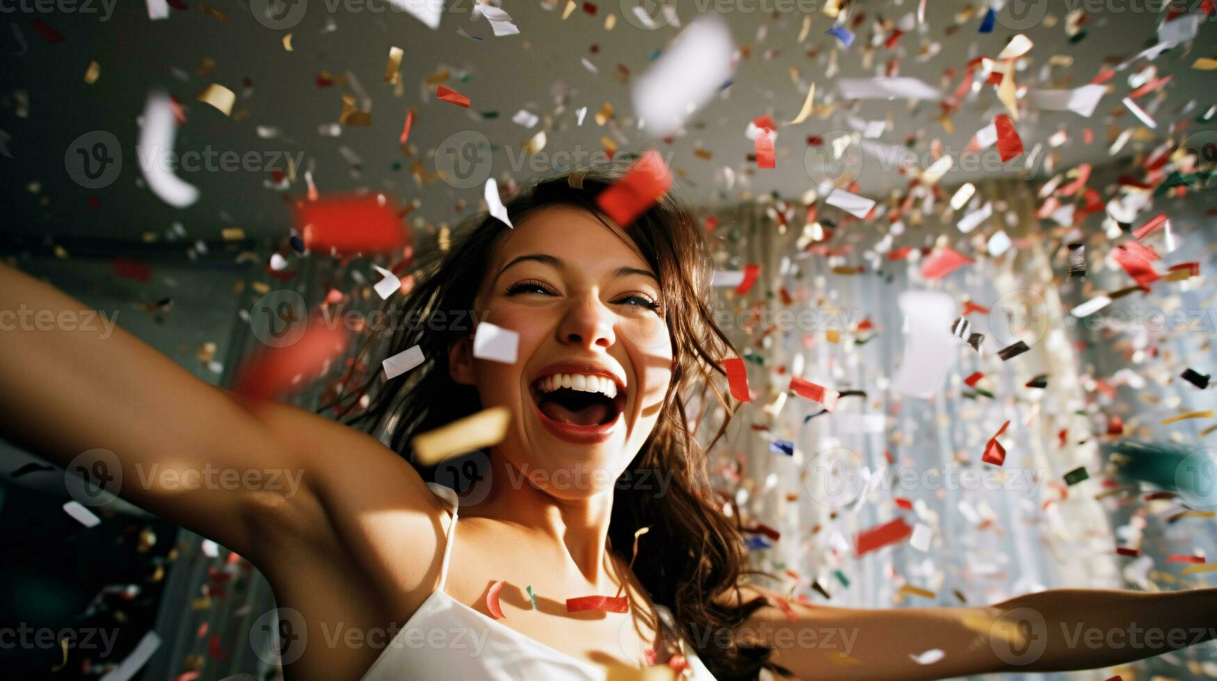 AI generated Model laughing, celebrating birthday, event, football, achievement, new years, in an explosion of confetti photo