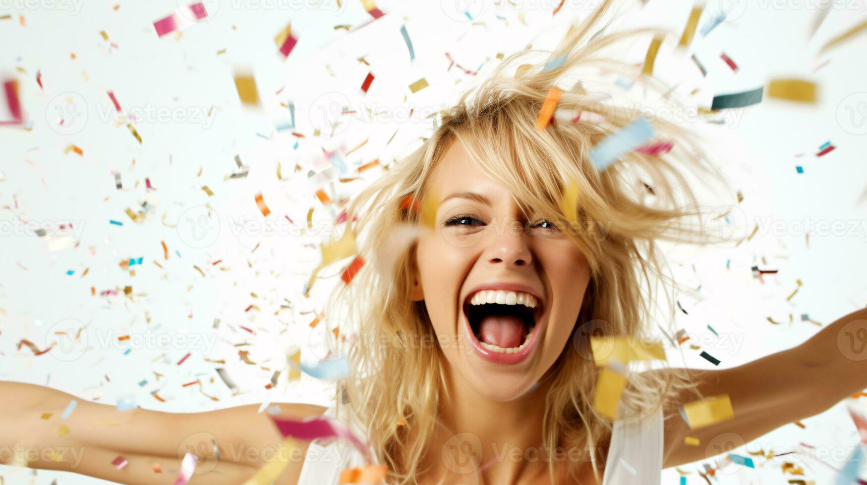 AI generated Model laughing, celebrating birthday, event, football, achievement, new years, in an explosion of confetti photo