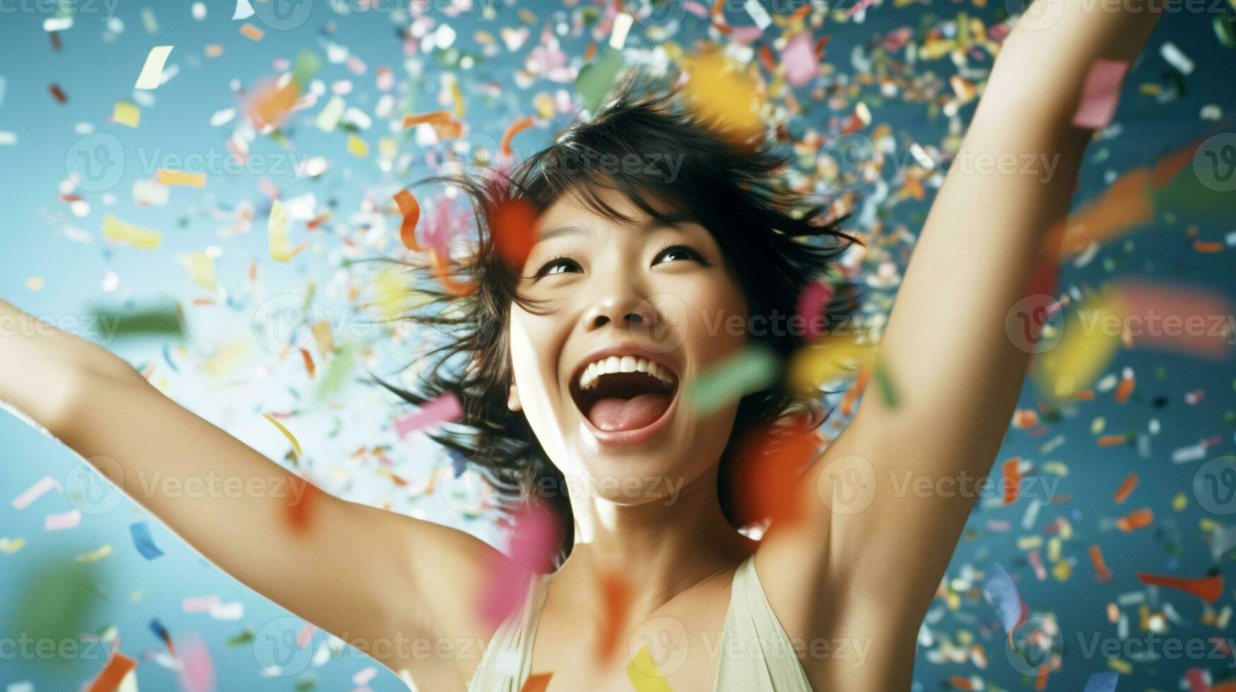 AI generated Model laughing, celebrating birthday, event, football, achievement, new years, in an explosion of confetti photo