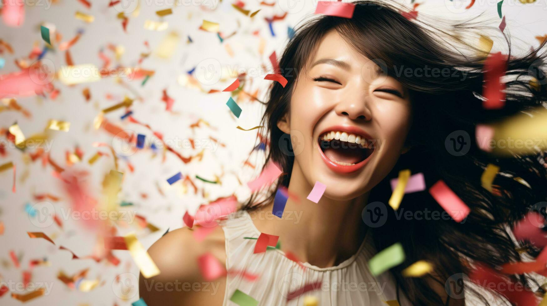 AI generated Model laughing, celebrating birthday, event, football, achievement, new years, in an explosion of confetti photo