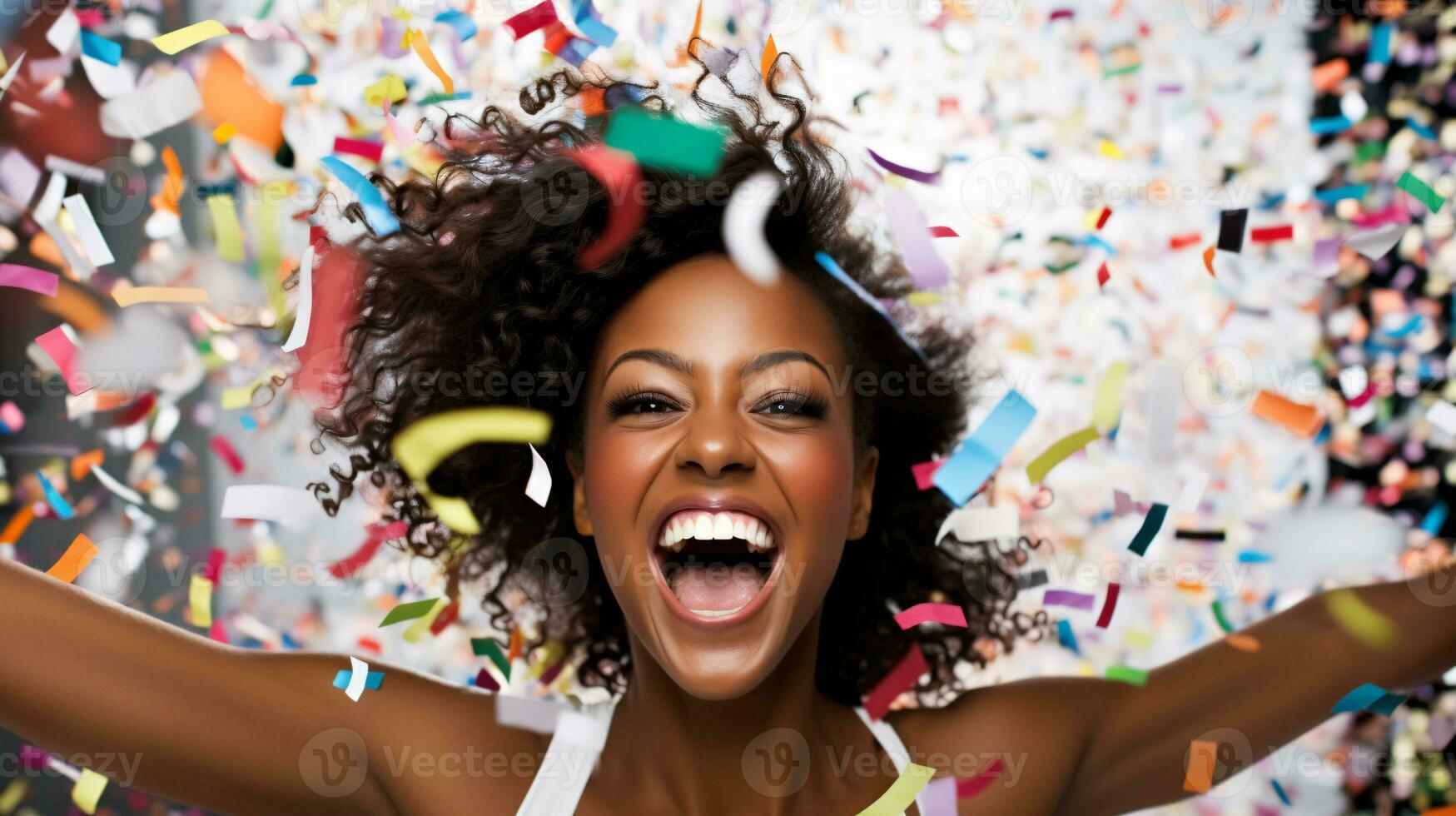 AI generated Model laughing, celebrating birthday, event, football, achievement, new years, in an explosion of confetti photo