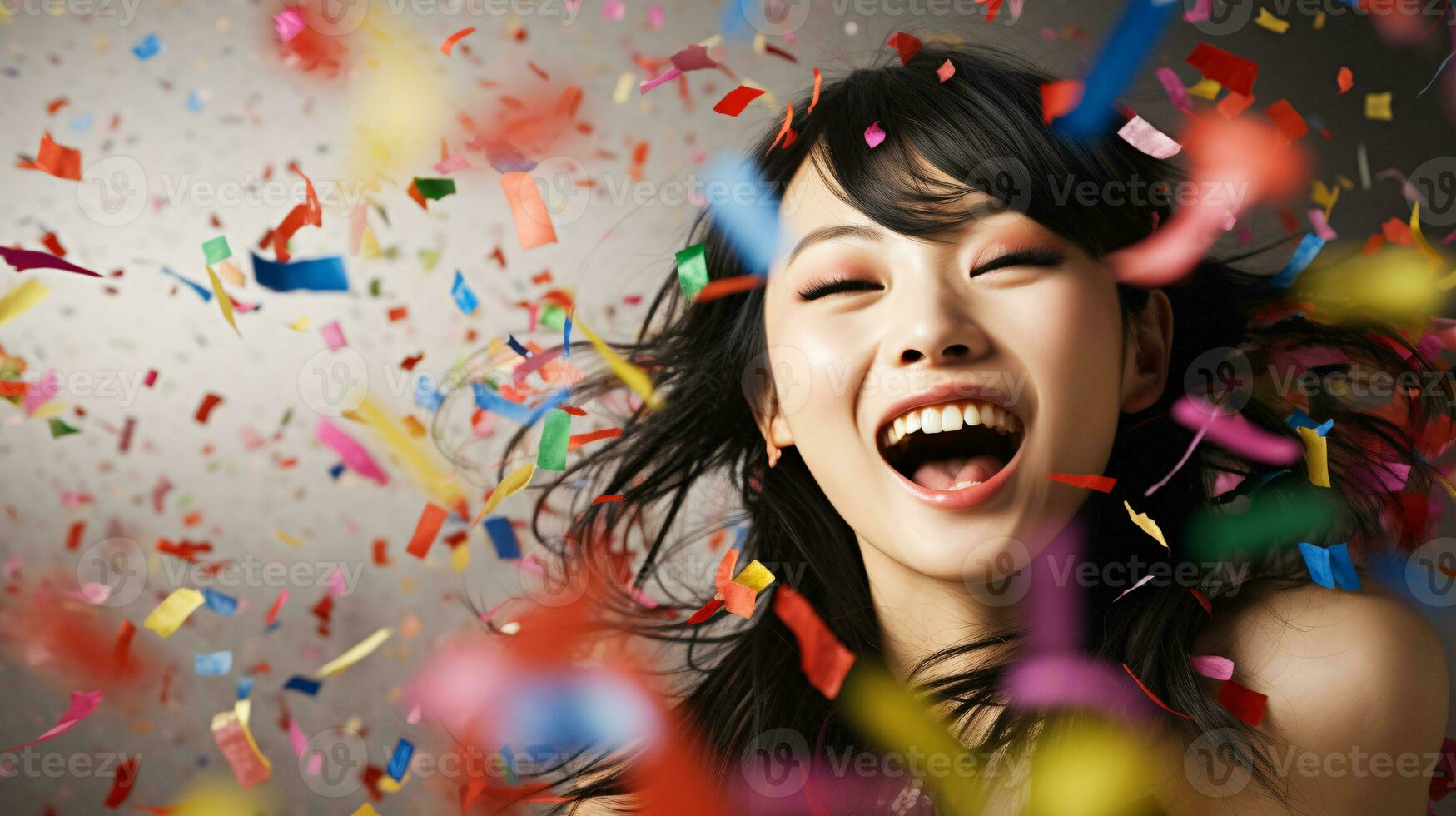 AI generated Model laughing, celebrating birthday, event, football, achievement, new years, in an explosion of confetti photo