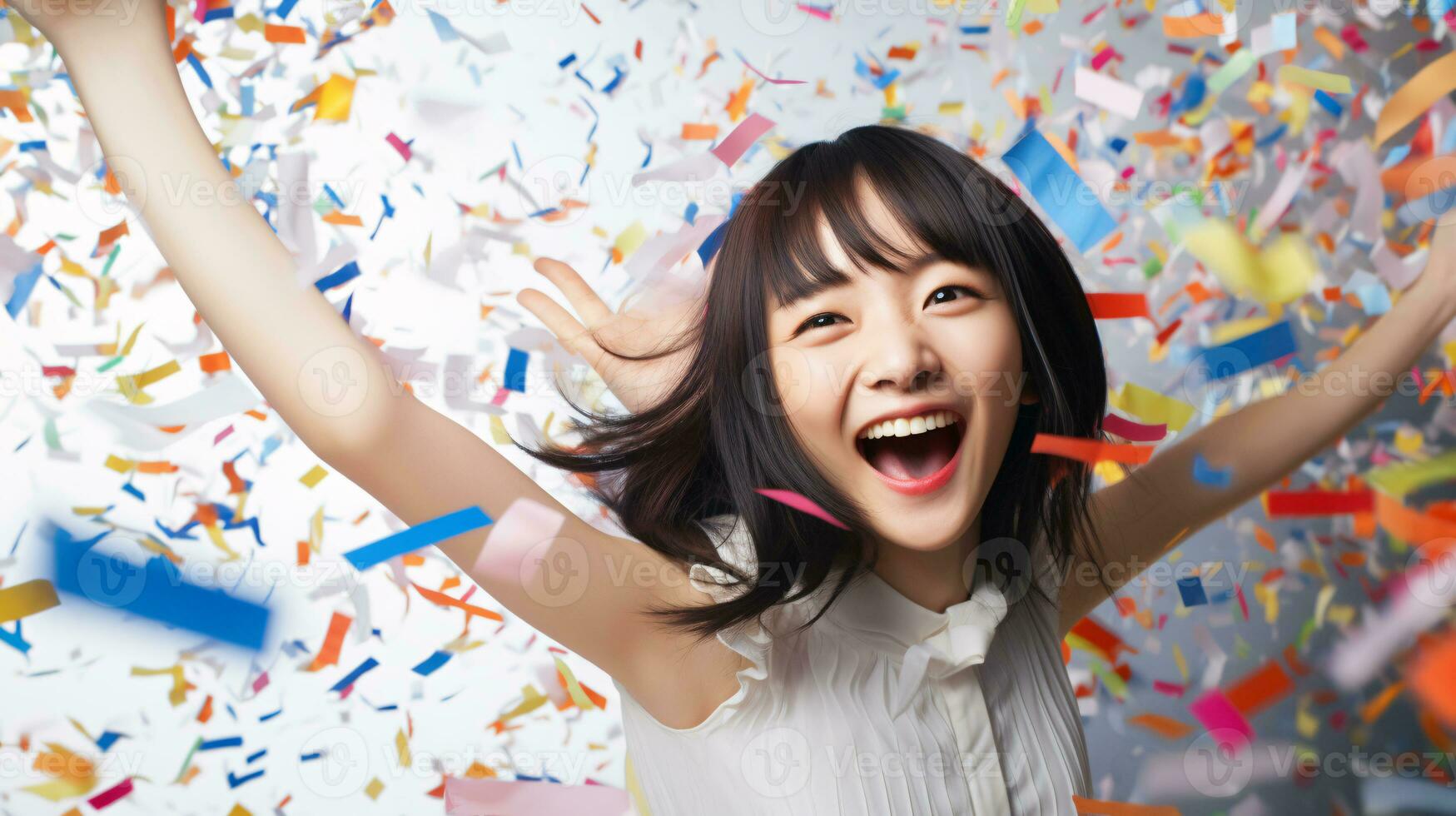 AI generated Model laughing, celebrating birthday, event, football, achievement, new years, in an explosion of confetti photo