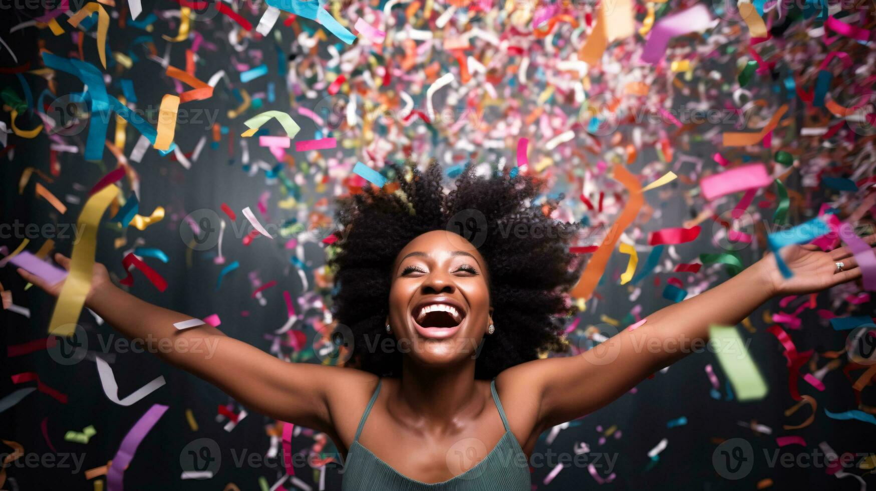 AI generated Model laughing, celebrating birthday, event, football, achievement, new years, in an explosion of confetti photo