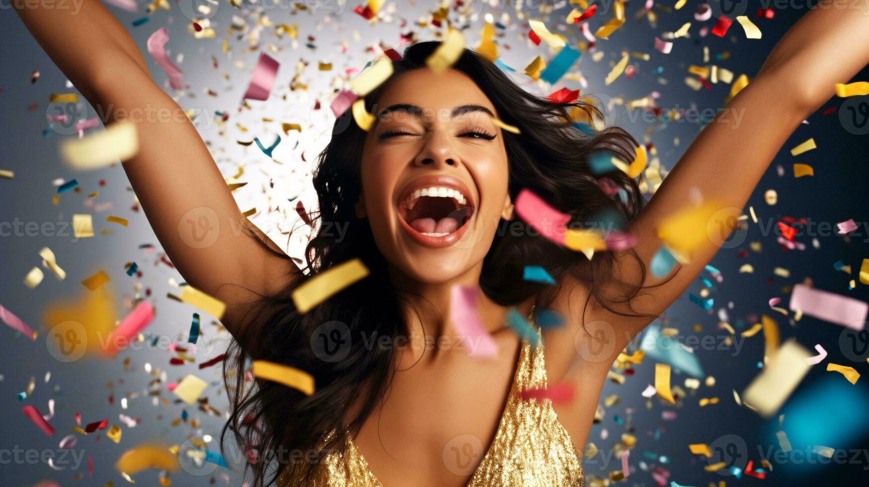 AI generated Model laughing, celebrating birthday, event, football, achievement, new years, in an explosion of confetti photo