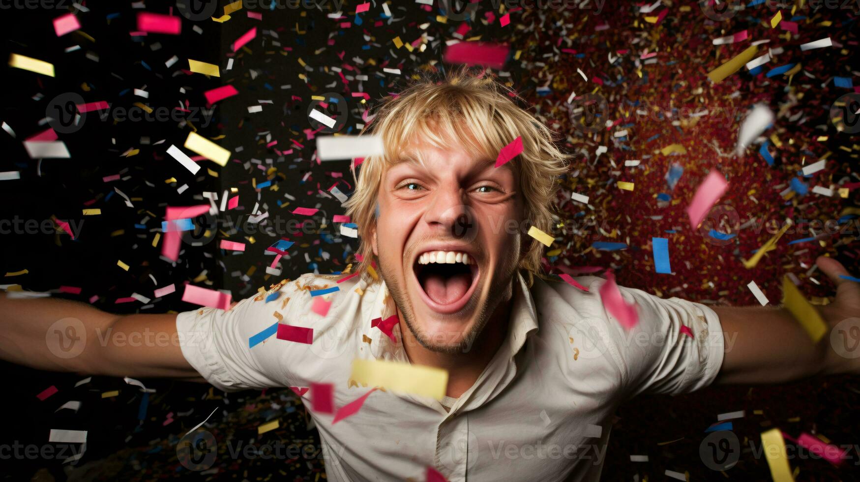 AI generated Model laughing, celebrating birthday, event, football, achievement, new years, in an explosion of confetti photo