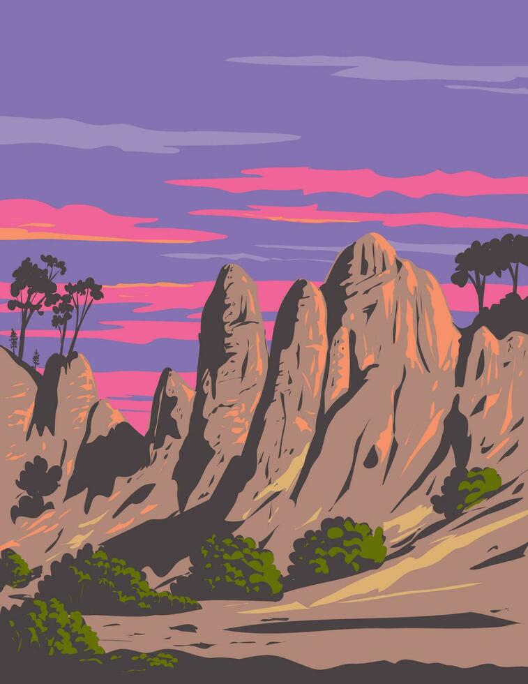 Rock Formations at Pinnacles National Park in California WPA Poster Art vector