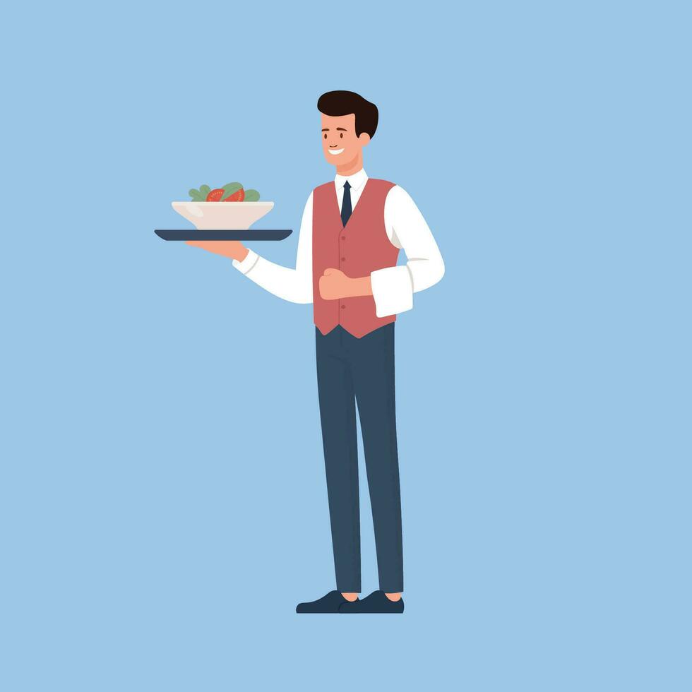 waiter serving a salad in the restaurant vector