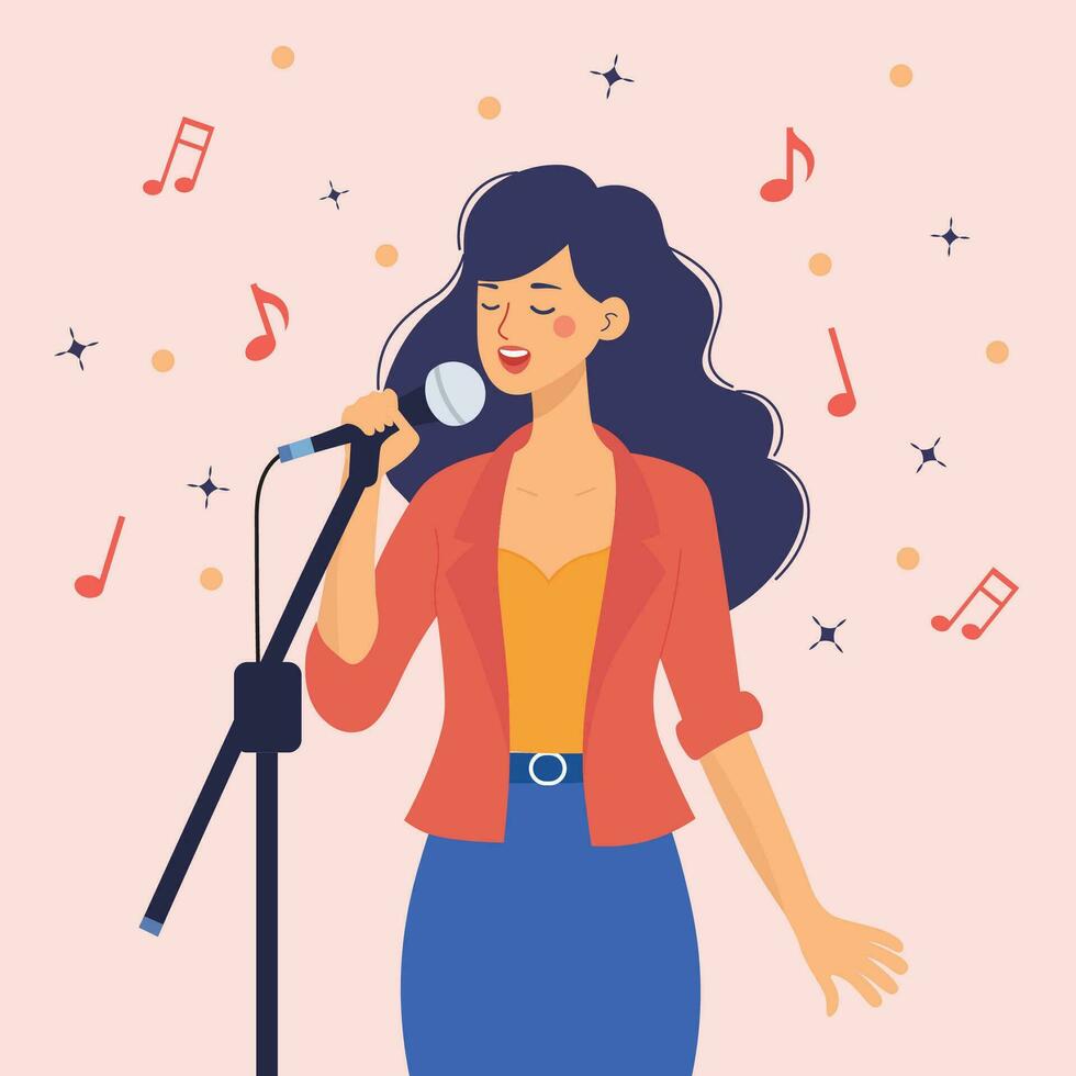 woman singing in front of microphone flat design vector