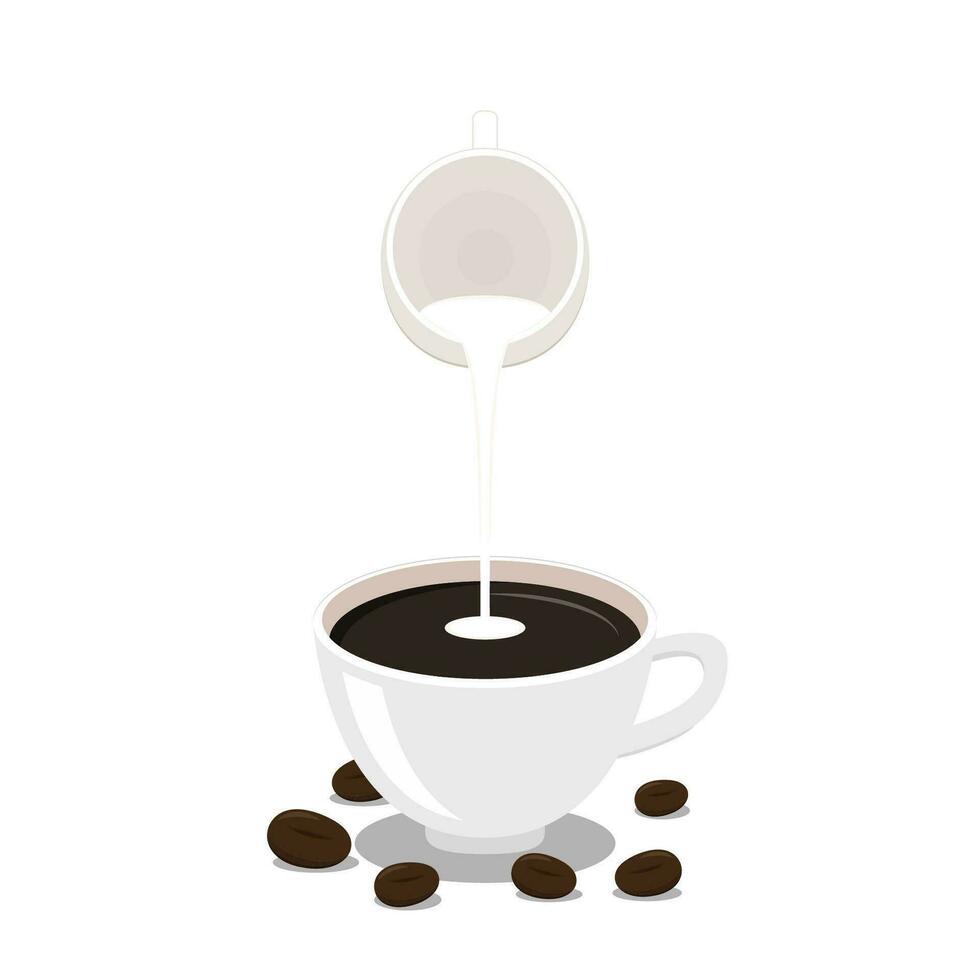 Pour the milk into the coffee. Espresso coffee vector. Coffee cup and Coffee beans on white background. vector