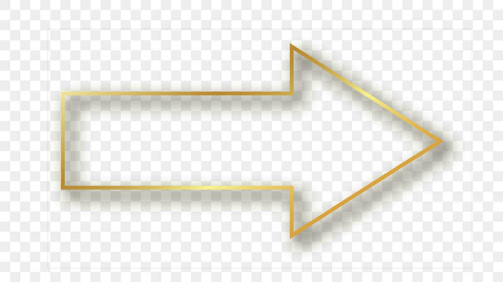 Gold glowing arrow shape frame with shadow isolated on background. Shiny frame with glowing effects. Vector illustration.