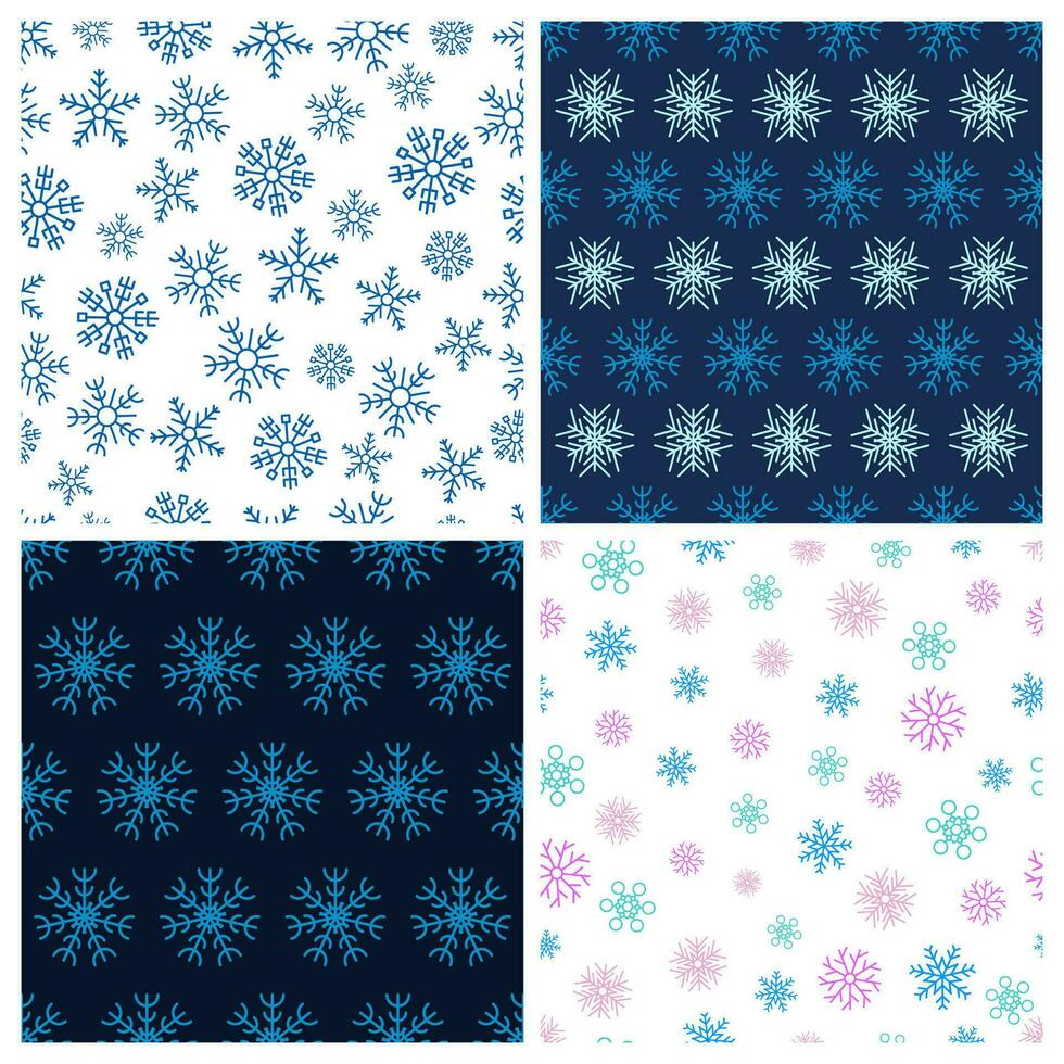 Seamless background with snowflakes. Set of four Christmas and New Year backdrops. Christmas decoration elements. Vector illustration.