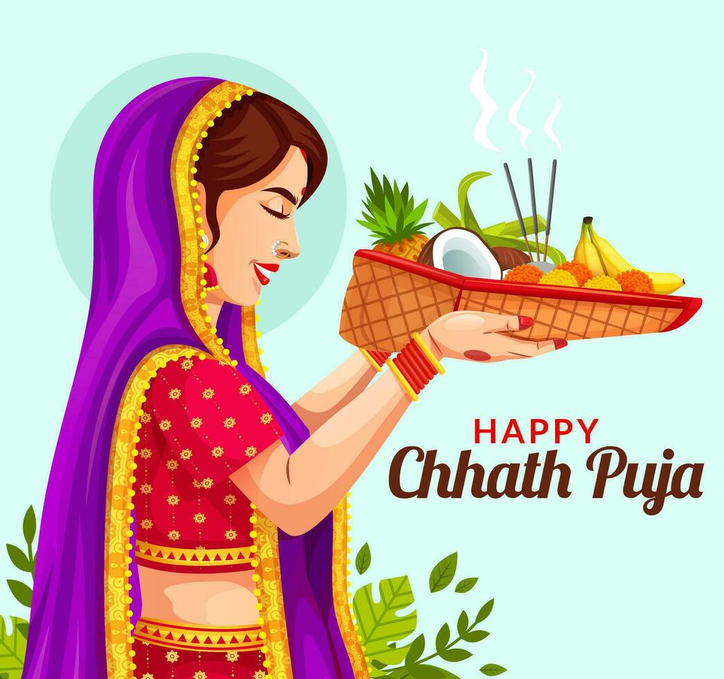 Happy Chhath Puja background for Sun festival of India. Vector of women doing prayer of sunrise and bathing in a holy river in Bihar