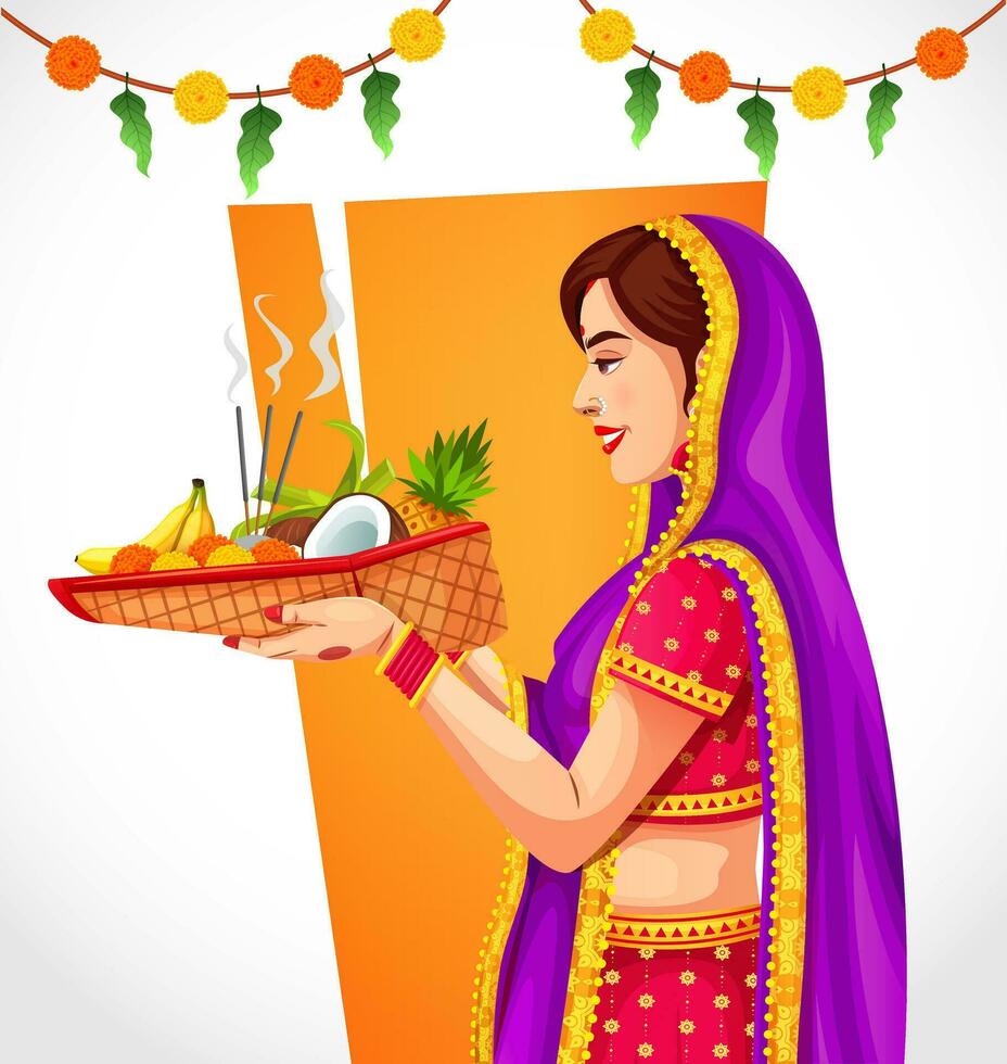 vector de mujer en étnico ropa oferta oraciones a el Dom durante el ceremonia de chhath puja festival de India